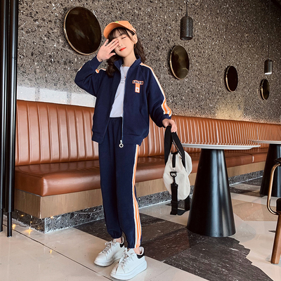 Autumn Winter Girls Sports Children Clothing Set Outfit Stand Collar Foreign Style
