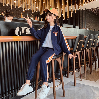Autumn Winter Girls Sports Children Clothing Set Outfit Stand Collar Foreign Style