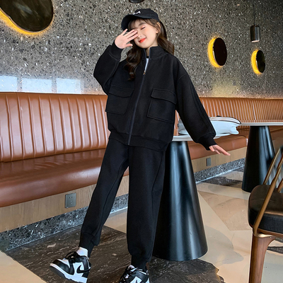 Thermal Girls Kids Casual Coat Two Piece Set Threaded Cuff Design