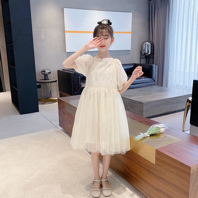 New Foreign Style Bubble Sleeve Long T-Shirt Skirt Girls Summer Dress