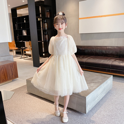 New Foreign Style Bubble Sleeve Long T-Shirt Skirt Girls Summer Dress