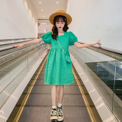 Green Bubble Sleeve Girls Summer Dress T-Shirt Skirt New Foreign Style