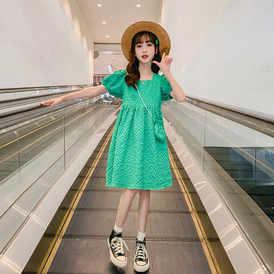 Green Bubble Sleeve Girls Summer Dress T-Shirt Skirt New Foreign Style