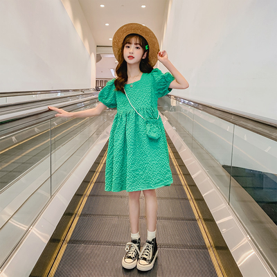 Green Bubble Sleeve Girls Summer Dress T-Shirt Skirt New Foreign Style