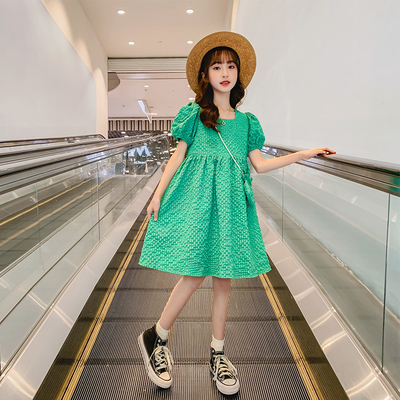 Green Bubble Sleeve Girls Summer Dress T-Shirt Skirt New Foreign Style