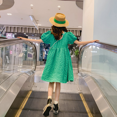 Green Bubble Sleeve Girls Summer Dress T-Shirt Skirt New Foreign Style
