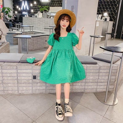 Green Bubble Sleeve Girls Summer Dress T-Shirt Skirt New Foreign Style