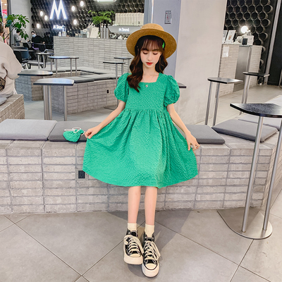 Green Bubble Sleeve Girls Summer Dress T-Shirt Skirt New Foreign Style