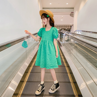 Green Bubble Sleeve Girls Summer Dress T-Shirt Skirt New Foreign Style