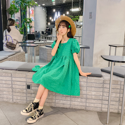 Green Bubble Sleeve Girls Summer Dress T-Shirt Skirt New Foreign Style