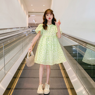 Bubble Sleeve Skirt Girls Summer Green Dress New Foreign Style