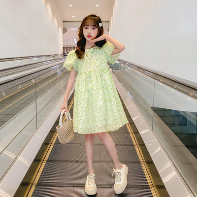 Bubble Sleeve Skirt Girls Summer Green Dress New Foreign Style