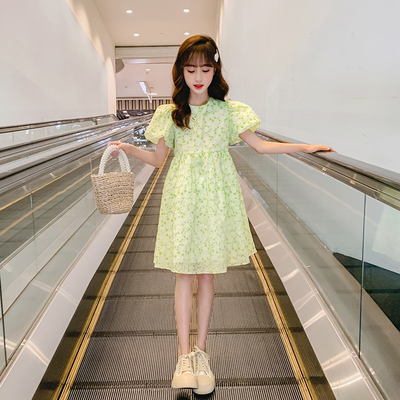 Bubble Sleeve Skirt Girls Summer Green Dress New Foreign Style