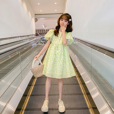 Bubble Sleeve Skirt Girls Summer Green Dress New Foreign Style