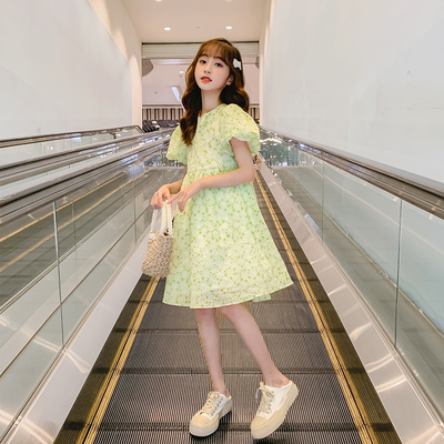 Bubble Sleeve Skirt Girls Summer Green Dress New Foreign Style