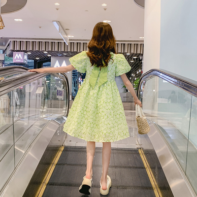 Bubble Sleeve Skirt Girls Summer Green Dress New Foreign Style