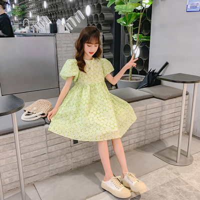Bubble Sleeve Skirt Girls Summer Green Dress New Foreign Style