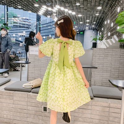 Bubble Sleeve Skirt Girls Summer Green Dress New Foreign Style