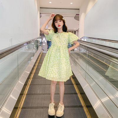 Bubble Sleeve Skirt Girls Summer Green Dress New Foreign Style