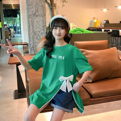 Girls Summer Dress New Foreign Style Pure Cotton Long T-Shirt Skirt