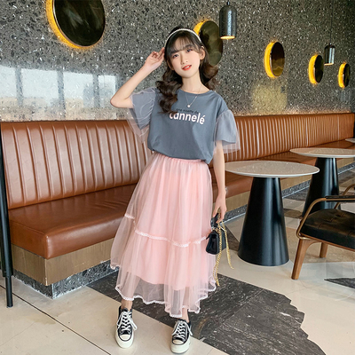 Girls Gray Round Collar T-Shirt Net Gauze Skirt Summer Dress Two Sets