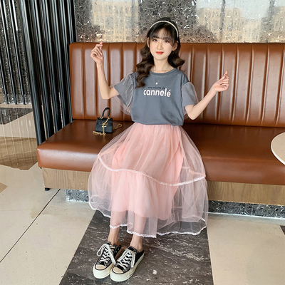Girls Gray Round Collar T-Shirt Net Gauze Skirt Summer Dress Two Sets