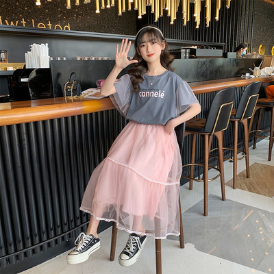 Girls Gray Round Collar T-Shirt Net Gauze Skirt Summer Dress Two Sets