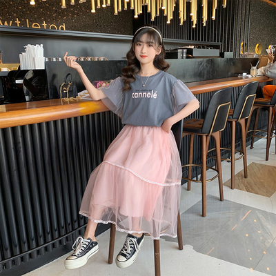 Girls Gray Round Collar T-Shirt Net Gauze Skirt Summer Dress Two Sets