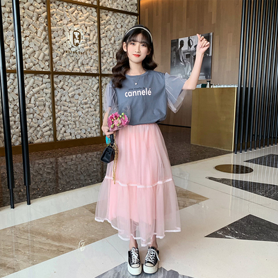 Girls Gray Round Collar T-Shirt Net Gauze Skirt Summer Dress Two Sets
